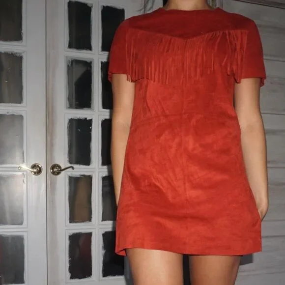 red faux suede dress INSPIRE CHIC Women's Faux Suede Dress Sleeveless Crewneck Split Hem Sheath Work Dress S Red